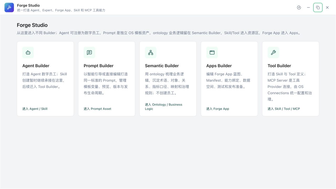 Forge Studio 展示 Agent、Prompt、Semantic、Apps 与 Tool 五类构建入口