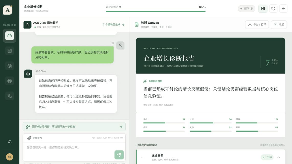 ACE Claw 对话式诊断工作台,左侧对话与右侧同步生成的报告 Canvas