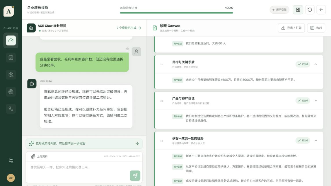 ACE Claw 诊断报告按模块展示企业画像、目标、价值与获客成交复购信息